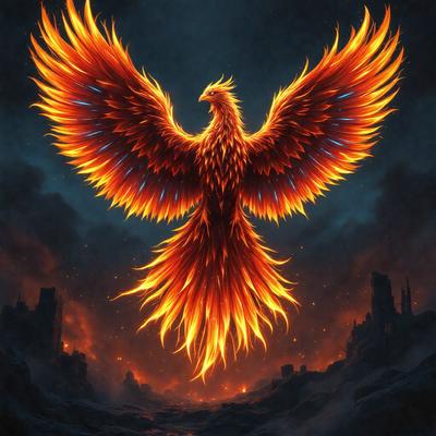 Primary subject: A bird with a fiery, flaming appearance.

Setting/background: The bird is standing in front of a dark, dramatic sky.

Visual style: The bird is depicted as a digital art or illustration.

Colors and mood: The bird has a fiery, flaming appearance, creating a dramatic and intense atmosphere.